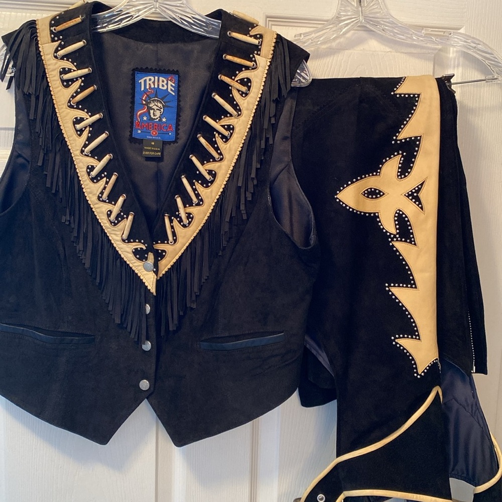 Leather Motorcycle Fringe Vest w/ Matching Chaps. SZ:18